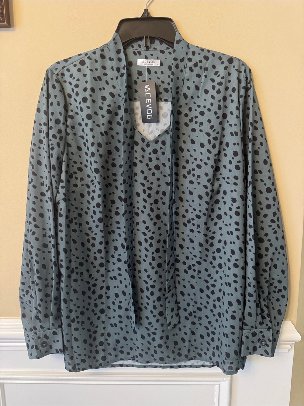 Acevog Slate Long Sleeve Blouse with Black Spot Print